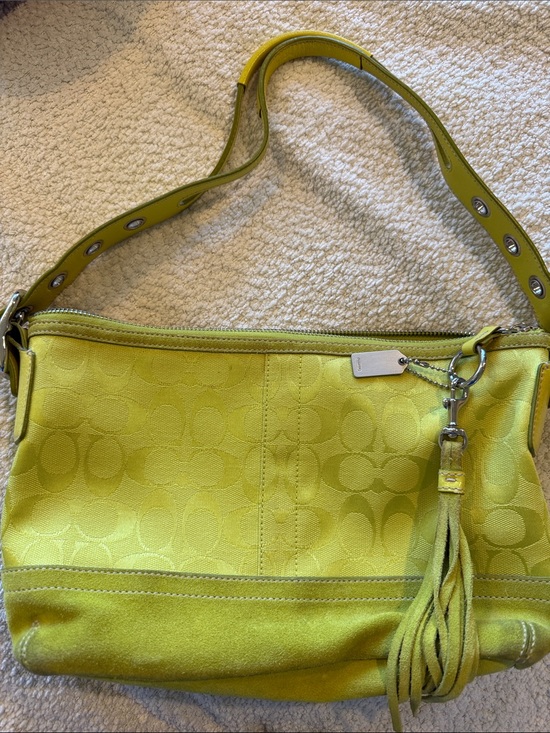 Coach Handbags - Coach Lime Green Signature Jacquard Shoulder Bag with Tassel